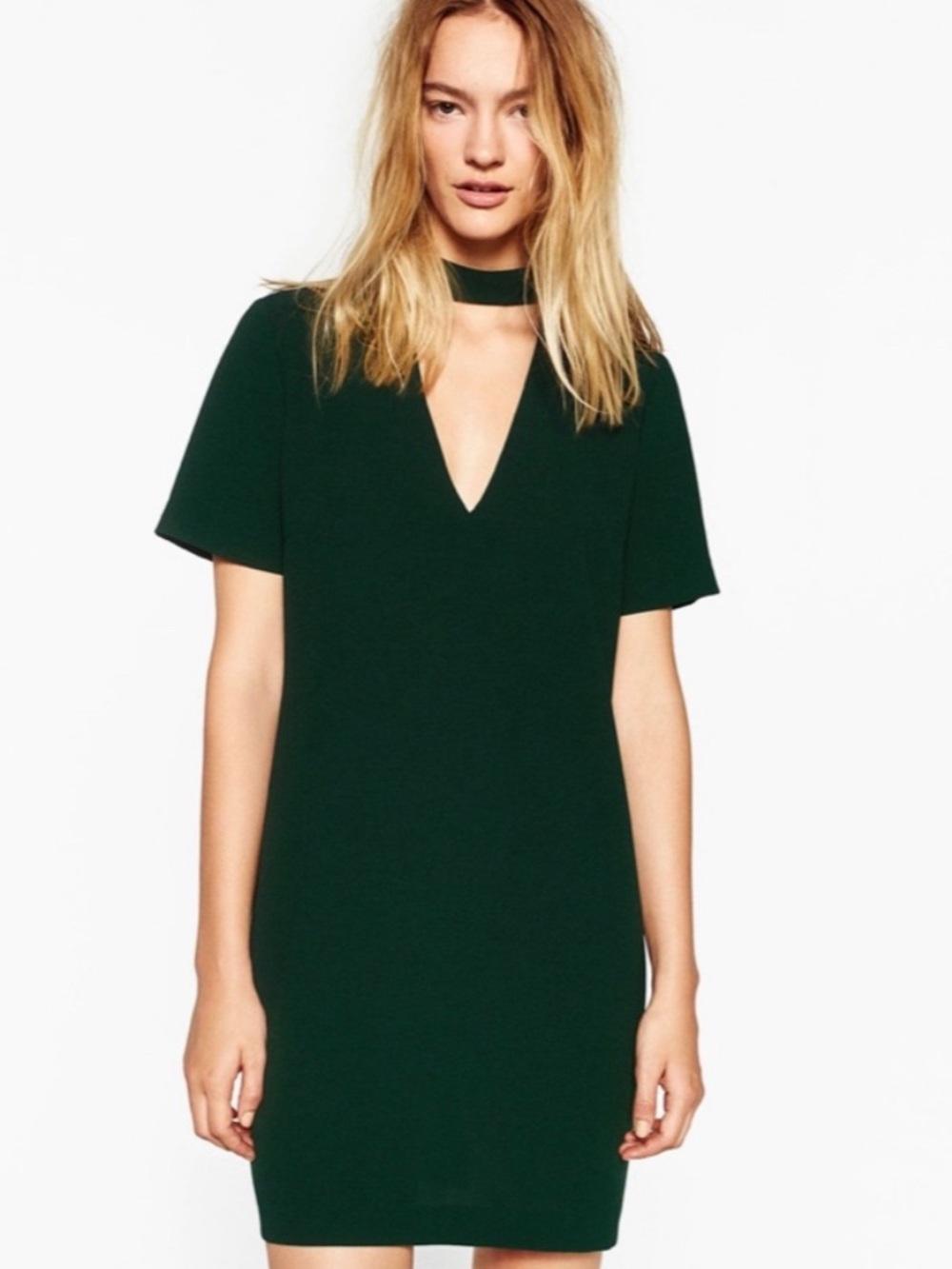 Zara Forest Green V-Neck Choker Mini Dress